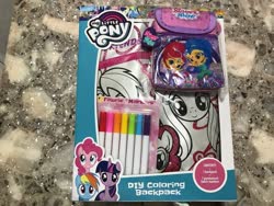 Size: 1080x810 | Tagged: safe, pinkie pie, rainbow dash, twilight sparkle, alicorn, genie, pony, unicorn, g4, coloring backpack, coloring book, female, mare, my little pony logo, photo, shimmer (shimmer and shine), shimmer and shine, shine (shimmer and shine), twilight sparkle (alicorn)