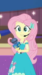 Size: 960x1702 | Tagged: safe, screencap, fluttershy, best in show: the victory lap, equestria girls, g4, my little pony equestria girls: better together, cropped, female, headset, looking at you, microphone, smiling, smiling at you, solo