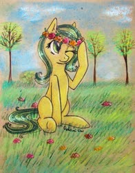 Size: 2006x2560 | Tagged: safe, artist:0okami-0ni, oc, oc only, pony, floral head wreath, flower, high res, solo, traditional art, tree, wreath