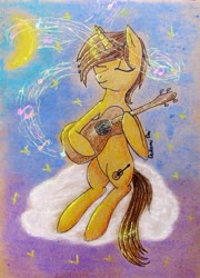 Size: 2011x2798 | Tagged: safe, artist:0okami-0ni, oc, oc only, pony, cloud, guitar, high res, music notes, musical instrument, solo, traditional art