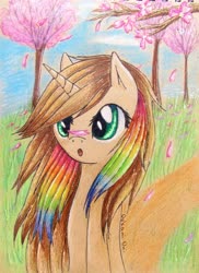 Size: 2099x2881 | Tagged: safe, artist:0okami-0ni, oc, oc only, oc:coffee rainbow, pony, high res, multicolored hair, petals, rainbow hair, solo, traditional art