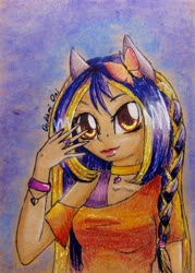 Size: 2178x3035 | Tagged: safe, artist:0okami-0ni, oc, oc only, anthro, clothes, high res, multicolored hair, solo, traditional art