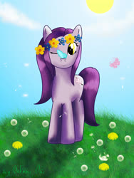 Size: 3000x4000 | Tagged: safe, artist:0okami-0ni, oc, oc only, oc:morion, butterfly, pony, solo, wreath