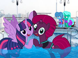 Size: 1440x1080 | Tagged: safe, artist:徐詩珮, fizzlepop berrytwist, glitter drops, spring rain, tempest shadow, twilight sparkle, alicorn, pony, unicorn, series:sprglitemplight diary, series:sprglitemplight life jacket days, series:springshadowdrops diary, series:springshadowdrops life jacket days, g4, alternate universe, base used, bisexual, broken horn, clothes, cute, equestria girls outfit, female, glitterbetes, horn, lesbian, lifeguard, lifeguard spring rain, polyamory, ship:glitterlight, ship:glittershadow, ship:sprglitemplight, ship:springdrops, ship:springlight, ship:springshadow, ship:springshadowdrops, ship:tempestlight, shipping, singing, spring rain is not amused, springbetes, swimsuit, tempestbetes, twilight sparkle (alicorn), unamused