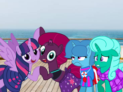 Size: 1440x1080 | Tagged: safe, artist:徐詩珮, fizzlepop berrytwist, glitter drops, spring rain, tempest shadow, twilight sparkle, alicorn, pony, unicorn, series:sprglitemplight diary, series:sprglitemplight life jacket days, series:springshadowdrops diary, series:springshadowdrops life jacket days, g4, alternate universe, base used, beach, bisexual, broken horn, clothes, cute, equestria girls outfit, female, glitterbetes, horn, lesbian, lifeguard, lifeguard spring rain, polyamory, ship:glitterlight, ship:glittershadow, ship:sprglitemplight, ship:springdrops, ship:springlight, ship:springshadow, ship:springshadowdrops, ship:tempestlight, shipping, singing, spring rain is not amused, springbetes, swimsuit, tempestbetes, twilight sparkle (alicorn), unamused