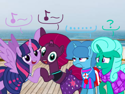 Size: 1440x1080 | Tagged: safe, artist:徐詩珮, fizzlepop berrytwist, glitter drops, spring rain, tempest shadow, twilight sparkle, alicorn, pony, unicorn, series:sprglitemplight diary, series:sprglitemplight life jacket days, series:springshadowdrops diary, series:springshadowdrops life jacket days, g4, alternate universe, base used, bisexual, broken horn, clothes, cute, equestria girls outfit, female, glitterbetes, horn, lesbian, lifeguard, lifeguard spring rain, music notes, polyamory, ship:glitterlight, ship:glittershadow, ship:sprglitemplight, ship:springdrops, ship:springlight, ship:springshadow, ship:springshadowdrops, ship:tempestlight, shipping, singing, spring rain is not amused, springbetes, swimsuit, tempestbetes, twilight sparkle (alicorn), unamused