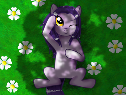 Size: 3000x2283 | Tagged: safe, artist:0okami-0ni, oc, oc only, oc:morion, earth pony, pony, dappled sunlight, high res, on back, one eye closed, solo, traditional art
