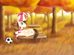 Size: 4320x3240 | Tagged: safe, artist:0okami-0ni, oc, oc only, ball, bench, clothes, football, hat, scarf, solo, sports, tree