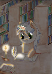 Size: 2679x3809 | Tagged: safe, artist:0okami-0ni, oc, oc only, pony, book, bookshelf, candle, high res, library, quill, solo, traditional art