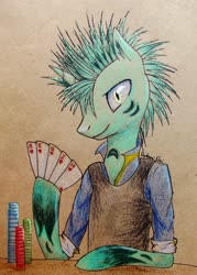 Size: 1995x2792 | Tagged: safe, artist:0okami-0ni, oc, oc only, semi-anthro, arm hooves, card, clothes, playing card, poker, poker chips, royal flush, solo, traditional art