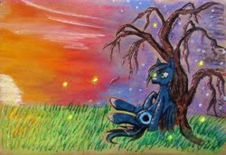 Size: 2973x2049 | Tagged: safe, artist:0okami-0ni, pony, high res, solo, sunset, traditional art, tree