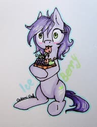 Size: 1564x2048 | Tagged: safe, artist:0okami-0ni, oc, oc only, oc:ice berry, pony, berry, eating, herbivore, munching, simple background, solo, traditional art