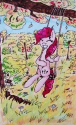 Size: 2057x3385 | Tagged: safe, artist:0okami-0ni, pinkie pie, pony, g4, female, flower, grass, high res, solo, swing, traditional art, tree, tree branch