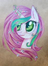 Size: 3063x4189 | Tagged: safe, artist:0okami-0ni, oc, oc only, pony, bust, flower, flower in hair, solo, traditional art