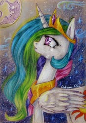 Size: 2528x3607 | Tagged: safe, artist:0okami-0ni, princess celestia, alicorn, pony, g4, crown, crying, female, high res, jewelry, mare in the moon, moon, night, peytral, regalia, sad, solo, traditional art