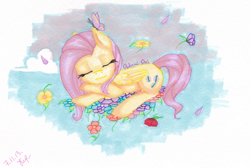 Size: 1607x1077 | Tagged: safe, artist:0okami-0ni, fluttershy, butterfly, pegasus, pony, g4, cute, eyes closed, female, flower, folded wings, head on hoof, mare, partial background, prone, shyabetes, sleeping, solo, traditional art, wings