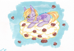 Size: 1581x1102 | Tagged: safe, artist:0okami-0ni, derpy hooves, pony, g4, fake sleeping, female, food, muffin, sleeping, solo, traditional art