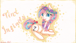 Size: 2228x1274 | Tagged: safe, artist:0okami-0ni, oc, oc only, oc:tint infinity, pony, bow, solo, tail bow, traditional art, wreath