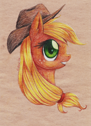 Size: 2425x3368 | Tagged: safe, artist:0okami-0ni, applejack, pony, g4, bust, female, hat, high res, solo, traditional art