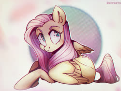 Size: 1400x1050 | Tagged: safe, artist:derrorro, fluttershy, pegasus, pony, g4, abstract background, circle background, cute, ear fluff, female, leg fluff, looking away, looking sideways, mare, on side, prone, shyabetes, solo, wings