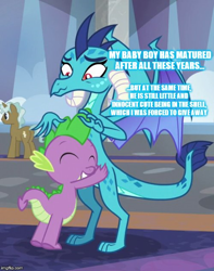 Size: 500x635 | Tagged: safe, edit, edited screencap, screencap, clever musings, princess ember, spike, dragon, pony, g4, school daze, baby, baby dragon, background pony, caption, claws, cropped, cute, dragoness, ember is spike's mother, eyes closed, female, friendship student, headcanon, hug, image macro, immature mother, male, mother and son, smiling, spread wings, tail, text, toes, wings