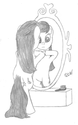 Size: 550x878 | Tagged: safe, artist:quint-t-w, octavia melody, earth pony, pony, g4, bipedal, bowtie, brush, dexterous hooves, female, mirror, old art, pencil drawing, simple background, solo, traditional art, white background