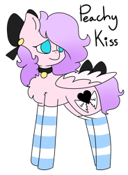 Size: 2112x2874 | Tagged: safe, artist:peachykissies, oc, oc only, oc:peachy kiss, pegasus, pony, pony town, blue eyes, bow, choker, clothes, cute, gradient mane, hair bow, high res, long mane, short tail, shy, simple background, socks, solo, striped socks, tail bow, thigh highs, transparent background