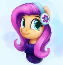 Size: 1280x1314 | Tagged: safe, artist:aemuhn, fluttershy, pegasus, pony, g4, abstract background, bust, clothes, cute, earmuffs, female, looking at you, mare, portrait, shyabetes, smiling, solo, sweater, sweatershy, three quarter view, winter outfit