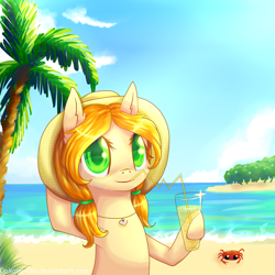 Size: 2000x2000 | Tagged: safe, artist:0okami-0ni, oc, oc only, oc:leify, crab, beach, beach hat, cocktail, hat, high res, ocean, palm tree, solo, tree