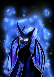 Size: 1938x2783 | Tagged: safe, artist:lrusu, nightmare moon, alicorn, pony, g4, bat wings, bust, curved horn, ethereal mane, female, horn, portrait, solo, wings