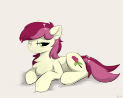Size: 600x477 | Tagged: source needed, safe, artist:d.w.h.cn, roseluck, earth pony, pony, g4, chest fluff, cute, female, mare, one eye closed, prone, rosabetes, simple background, solo