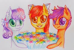 Size: 3209x2163 | Tagged: safe, artist:0okami-0ni, apple bloom, scootaloo, sweetie belle, earth pony, pegasus, pony, unicorn, g4, apple bloom's bow, bouquet, bow, cute, cutie mark crusaders, female, filly, flower, foal, hair bow, high res, signature, simple background, smiling, traditional art, white background
