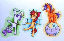 Size: 3954x2531 | Tagged: safe, artist:0okami-0ni, apple bloom, scootaloo, sweetie belle, earth pony, pegasus, pony, unicorn, g4, balancing, circus, cutie mark crusaders, high res, ponies balancing stuff on their nose, traditional art