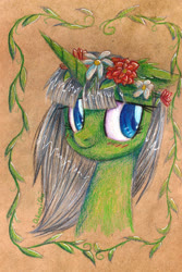 Size: 2228x3336 | Tagged: safe, artist:0okami-0ni, oc, oc only, pony, bust, high res, solo, traditional art, wreath
