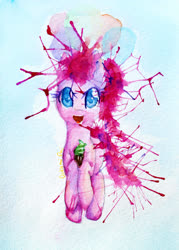 Size: 2884x4020 | Tagged: safe, artist:0okami-0ni, pinkie pie, earth pony, pony, g4, female, paint stains, solo, traditional art, watercolor painting