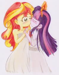 Size: 2378x3004 | Tagged: dead source, safe, artist:steg-o, sunset shimmer, twilight sparkle, equestria girls, g4, blushing, clothes, crying, dress, female, high res, holding hands, lesbian, marriage, ship:sunsetsparkle, shipping, tears of joy, wedding, wedding dress