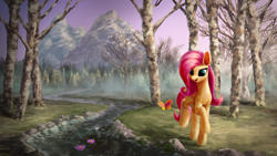 Size: 1920x1080 | Tagged: safe, artist:smg11-on-ddjrb, fluttershy, butterfly, pegasus, pony, g4, birch tree, female, flower, forest, looking at something, mare, mountain, outdoors, raised hoof, river, scenery, solo, stream, tree, water