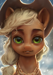 Size: 850x1200 | Tagged: safe, artist:assasinmonkey, applejack, earth pony, pony, g4, the last problem, clothes, cowboy hat, digital painting, female, freckles, granny smith's shawl, hat, looking at you, mare, oh god the eyes, older, older applejack, solo, stetson, uncanny valley