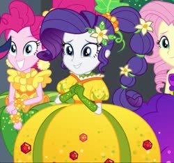 Size: 750x702 | Tagged: safe, screencap, fluttershy, pinkie pie, rarity, equestria girls, equestria girls specials, g4, my little pony equestria girls: better together, my little pony equestria girls: holidays unwrapped, o come all ye squashful, cornucopia costumes, cropped, female, inflatable dress