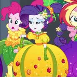Size: 749x753 | Tagged: safe, screencap, fluttershy, pinkie pie, rarity, sunset shimmer, equestria girls, equestria girls series, g4, holidays unwrapped, o come all ye squashful, spoiler:eqg series (season 2), cornucopia costumes, cropped, eyeshadow, female, inflatable dress, lidded eyes, makeup, offscreen character