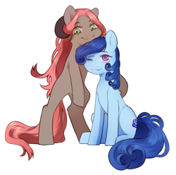 Size: 1000x992 | Tagged: safe, artist:dagmell, oc, oc only, oc:luurei, oc:raylanda, earth pony, pony, 2020 community collab, derpibooru community collaboration, cute, female, hug, looking at you, mare, one eye closed, simple background, smiling, transparent background