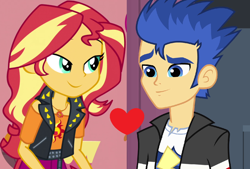 Size: 1272x860 | Tagged: safe, edit, edited screencap, screencap, flash sentry, sunset shimmer, equestria girls, equestria girls specials, g4, my little pony equestria girls, my little pony equestria girls: better together, my little pony equestria girls: holidays unwrapped, female, geode of empathy, lidded eyes, magical geodes, male, ship:flashimmer, shipping, shipping domino, straight