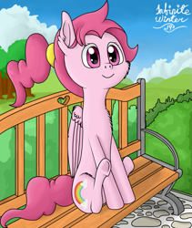 Size: 713x844 | Tagged: safe, artist:infinite winter, bifröst, pegasus, pony, g4, background pony, bench, curly hair, female, friendship student, mare, ponytail, sitting, solo