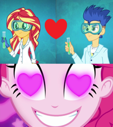 Size: 960x1078 | Tagged: safe, edit, edited screencap, screencap, flash sentry, pinkie pie, sunset shimmer, acadeca, coinky-dink world, eqg summertime shorts, equestria girls, g4, my little pony equestria girls: friendship games, female, goggles, heart, heart eyes, male, meme, pinkie the shipper, pinkie's eyes, safety goggles, ship:flashimmer, shipping, shipping domino, straight, wingding eyes