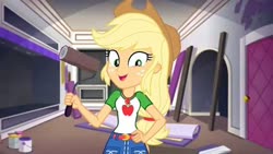 Size: 1920x1080 | Tagged: safe, screencap, applejack, diy with applejack, equestria girls, equestria girls series, g4, spoiler:eqg series (season 2), applejack's hat, belt, breaking the fourth wall, clothes, cowboy hat, cutie mark on clothes, denim, denim skirt, eye twitch, female, freckles, geode of super strength, hand on hip, hat, jewelry, low ponytail, magical geodes, necklace, open mouth, open smile, paint roller, shirt, skirt, smiling, solo, stetson, t-shirt, talking to viewer
