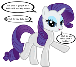 Size: 2330x2064 | Tagged: safe, artist:damlanil, rarity, pony, unicorn, g4, bedroom eyes, clothes, comic, darling, dialogue, female, high res, horn, latex, latex suit, makeup, mare, raised hoof, rubber, solo, sweat