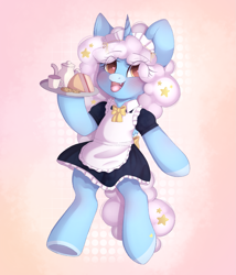 Size: 2173x2535 | Tagged: safe, artist:adostume, oc, oc only, oc:sleepyhead, alicorn, semi-anthro, alicorn oc, arm hooves, blushing, cake, clothes, cookie, cup, eyes open, fangs, female, food, high res, horn, maid, mare, open mouth, serving tray, simple background, solo, teacup, teapot, wings
