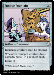 Size: 375x523 | Tagged: safe, artist:andypriceart, edit, idw, rarity, earth pony, pony, unicorn, g4, spoiler:comic, ccg, cheese, clothes, door, dress, fondue, food, imminent disaster, magic the gathering, this will end in pain, trading card, trading card edit