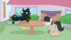 Size: 1920x1080 | Tagged: safe, artist:viva reverie, octavia melody, changeling, earth pony, pony, brony polka, once upon a time in canterlot, g4, 2019, animated, bipedal, canterlot, double bass, fight, lineless, musical instrument, no pupils, no sound, ouch, pwned, stare, tavi taps, this ended in pain, webm