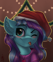 Size: 1600x1900 | Tagged: safe, artist:falafeljake, oc, oc only, oc:cirrus updraft, pegasus, pony, christmas, commission, ear fluff, female, hat, holiday, mare, santa hat, solo, tongue out